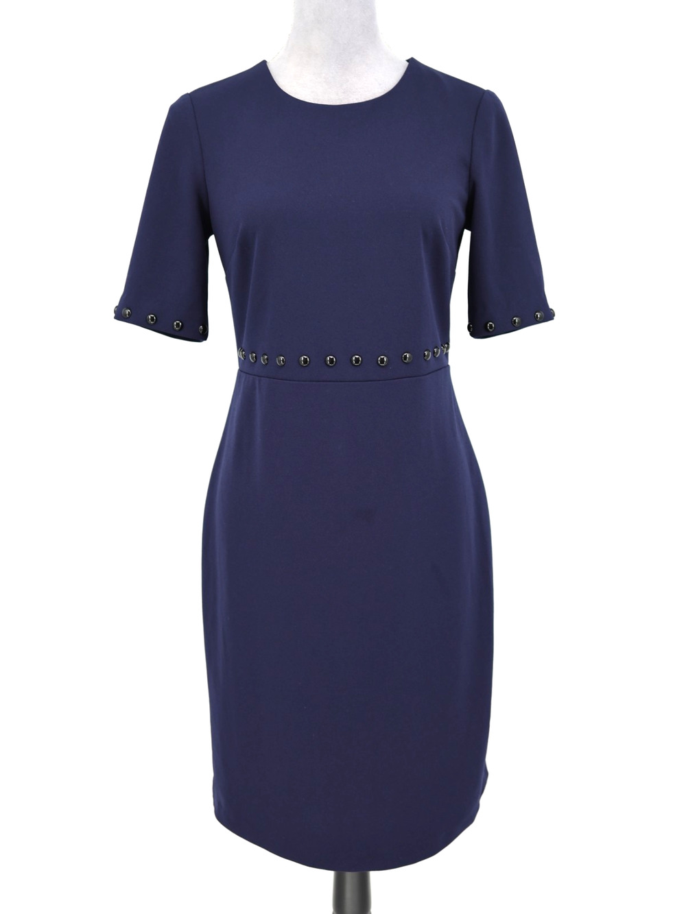 DKNY Dress Womens 4 Navy Blue Sheath Stretch Knit Back Zip Black Studs Office